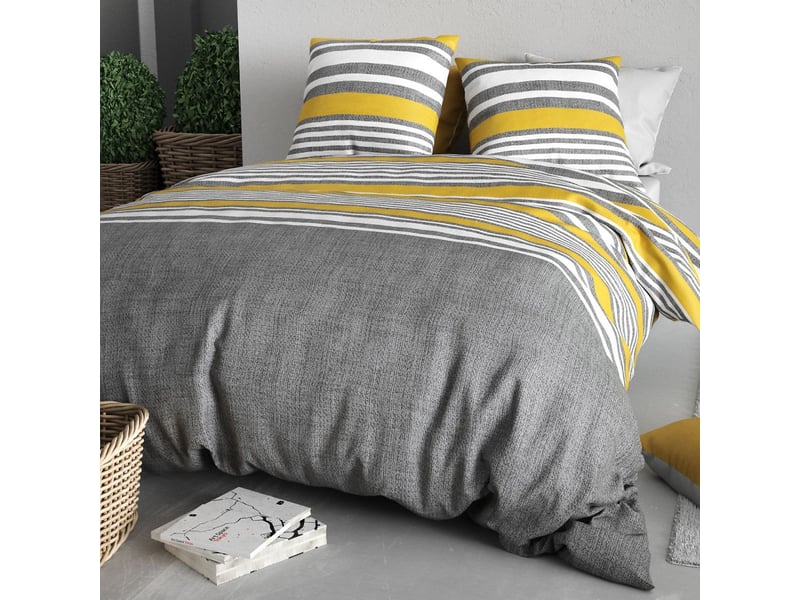  Parure housse de couette 260x240cm + 2 taies motif rayé gris et jaune 100% coton - story STORY - Conforama B