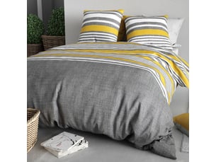 Parure housse de couette 260x240cm + 2 taies motif rayé gris et jaune 100% coton - story