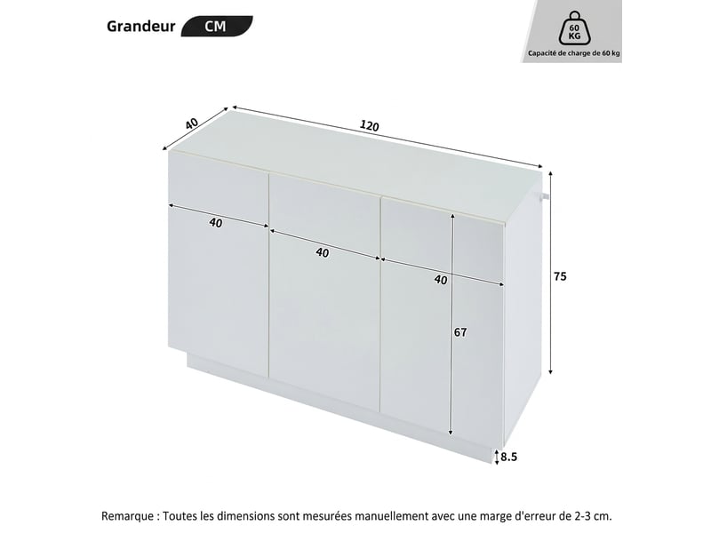 Buffet blanc laqué 120 cm meuble de rangement avec led 3 portes - Conforama C