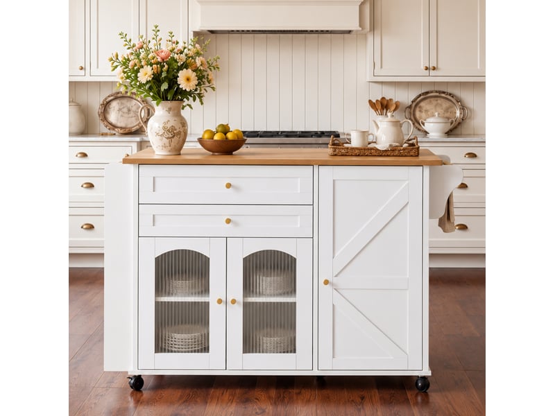  Îlot de cuisine mobile avec plateau rabattable, 2 tiroirs, portes vitrées et roulettes, blanc et coloris bois naturel  - Conforama D
