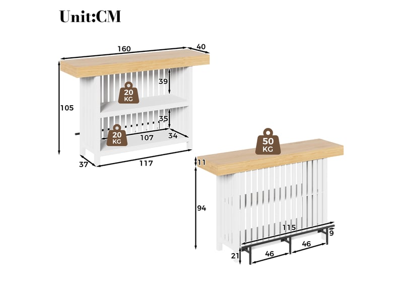  Table de bar 160x40x105 cm blanche avec étagères et repose-pieds  - Conforama C