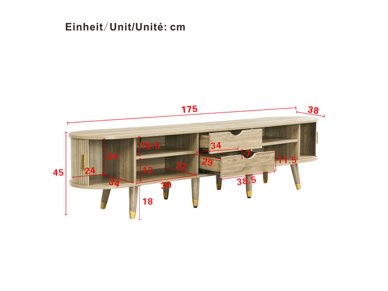  Meuble tv bas avec porte coulissante 175x38x45cm | style naturel effet chêne et pieds dorés | tiroirs et niches charge 60kg - chêne clair  - Conforama E