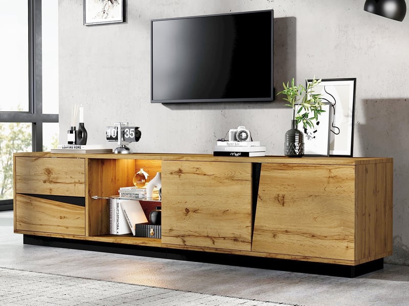 Meuble tv 180 x 35 x 45 cm avec éclairage led, 2 tiroirs et 2 portes, étagère en verre trempé, espaces ouverts, mdf, aspect bois - Conforama B