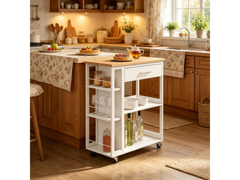  Chariot de cuisine à roulettes desserte en mdf blanc et bois avec tiroir et étagères 73x38x88 cm  - Conforama C