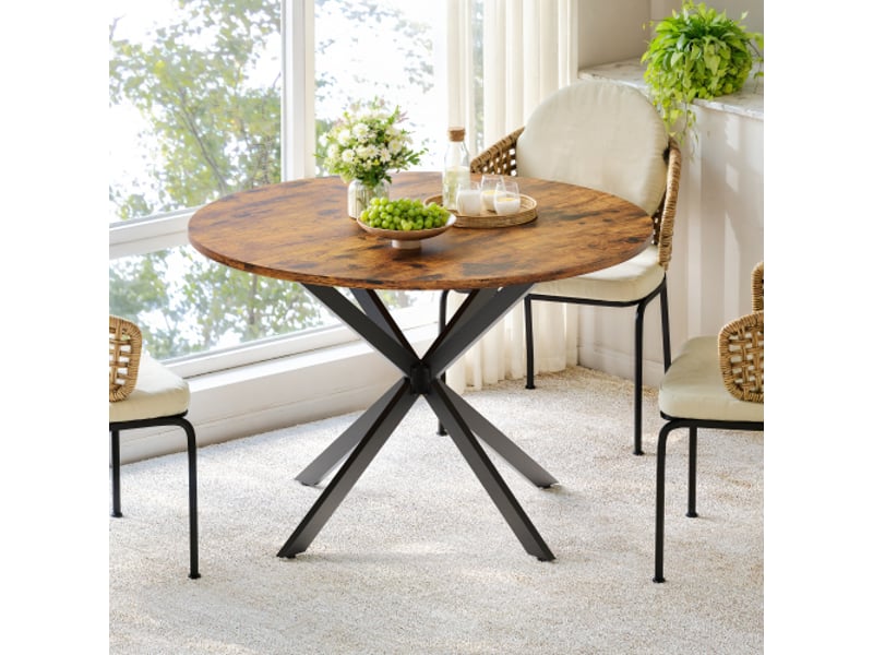 Table à manger ronde ø120 cm – style industriel, pieds en x, bois brun vintage et noir, cuisine et salon - Conforama B