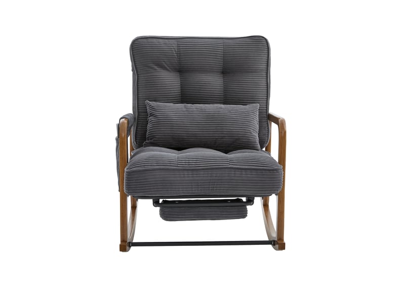 Fauteuil à bascule moderne en velours côtelé gris avec repose-pieds et coussin lombaire - Conforama A