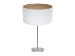 Fabrilamp tatiana grande lampe à poser nickelé blanc effet bois clair, abat-jour textile finition bois, 1 x e27, 63 cm