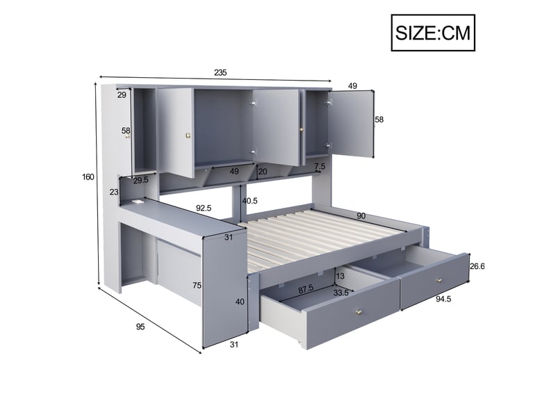  Lit combiné 90x200 cm avec bureau, rangements led et prises gris  - Conforama C
