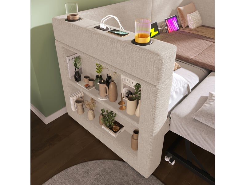 Lit banquette gigogne, 90x200 cm, accoudoirs réversibles, usb, porte-gobelets, chambre, bois et métal, coloris beige  - Conforama E