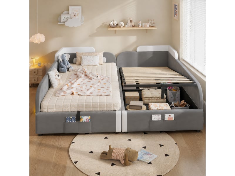 Lit enfant combiné avec rangement hydraulique gris et blanc 2 x 90 x 200 cm - Conforama D