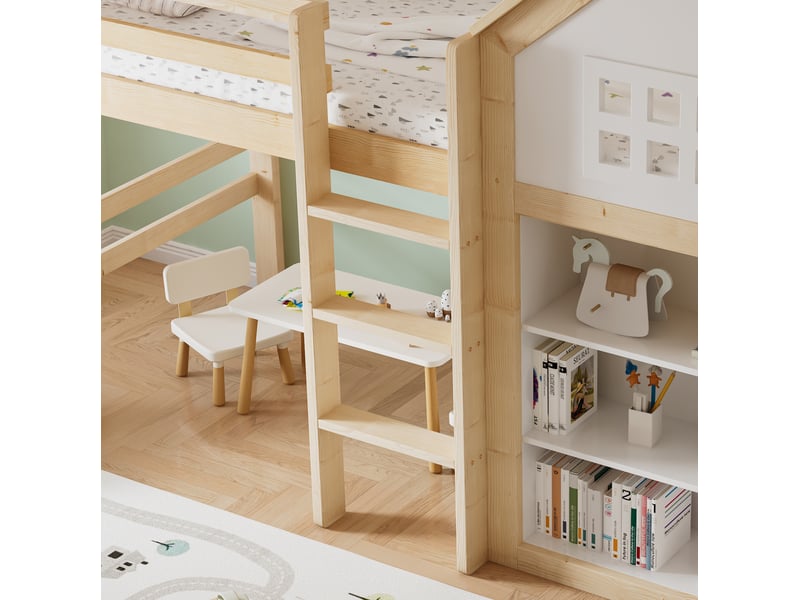  Lit mezzanine enfant 90x200 cm, maison, 3 tiroirs, marches, barrières, pin et mdf, blanc et naturel, sans matelas  - Conforama E