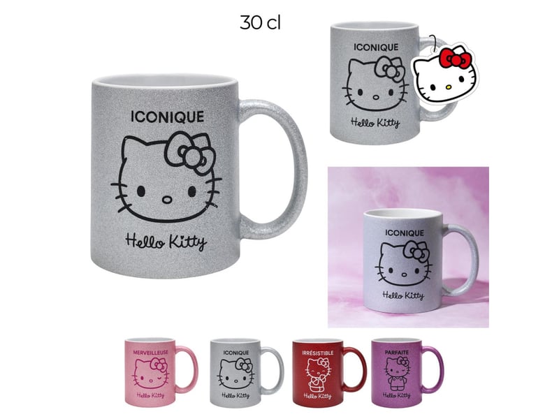  Lot de 4 mugs hello kitty pailletés 30 cl - 4 couleurs et motifs assortis  - Conforama B