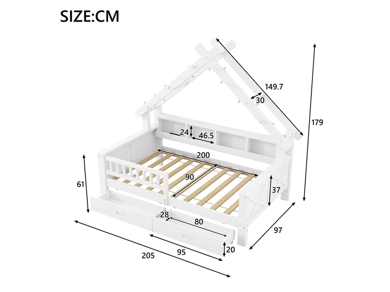  Lit pour enfant cabane, 90x200 cm, lit maison, avec led, barrière de sécurité, matelas non inclus, mdf, coloris blanc  - Conforama C