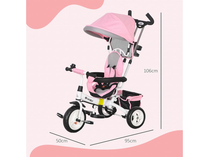  Tricycle évolutif pour enfants de plus de 12 mois avec capote pliable, poignée télescopique et ceinture de sécurité - rose  - Conforama C