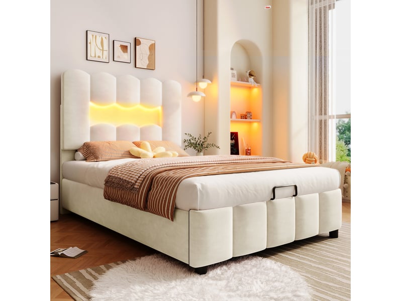  Lit coffre 90x200 cm rangement hydraulique, éclairage multicolore en velours et mdf beige  - Conforama C