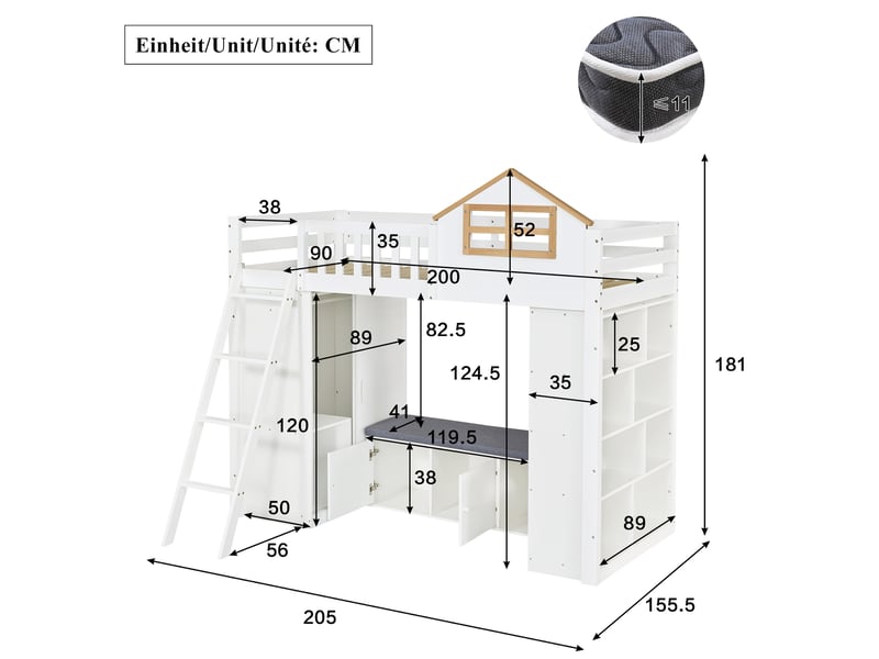  Lit mezzanine enfant 90 x 200 cm avec armoire, étagères et banquette blanc naturel  - Conforama C
