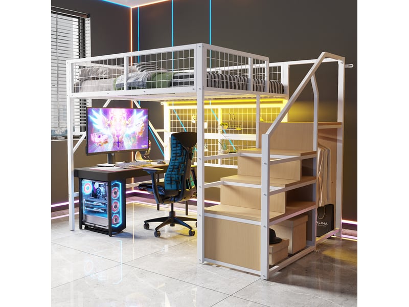  Lit mezzanine 140x200 cm blanc avec escalier de rangement et éclairage led  - Conforama B
