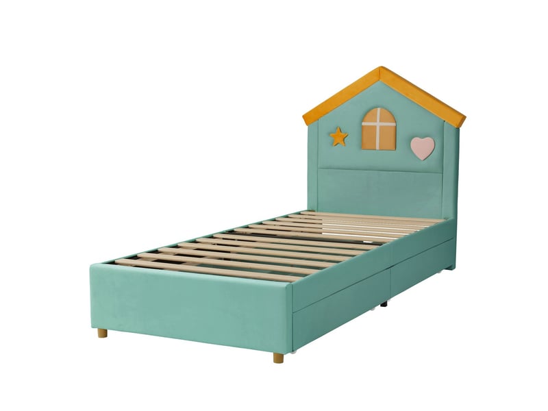 Lit ado 90 x 200 cm en velours français 4 tiroirs de rangement intégré structure rembourrée en forme de maison dossier maison coloris bleu-vert - Conforama A