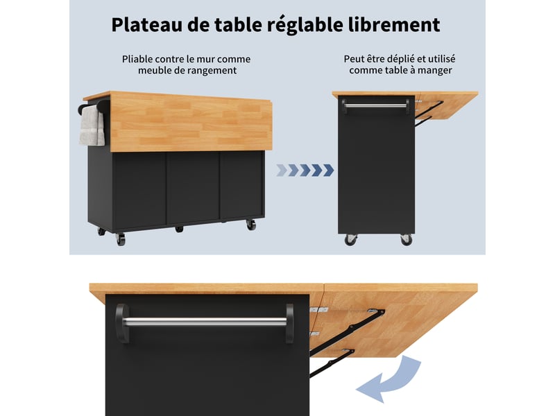 Îlot de cuisine mobile 122 x 46-74.5 x 91.5 cm avec plateau rabattable, 8 tiroirs, étagère réglable et roulettes, noir - Conforama E