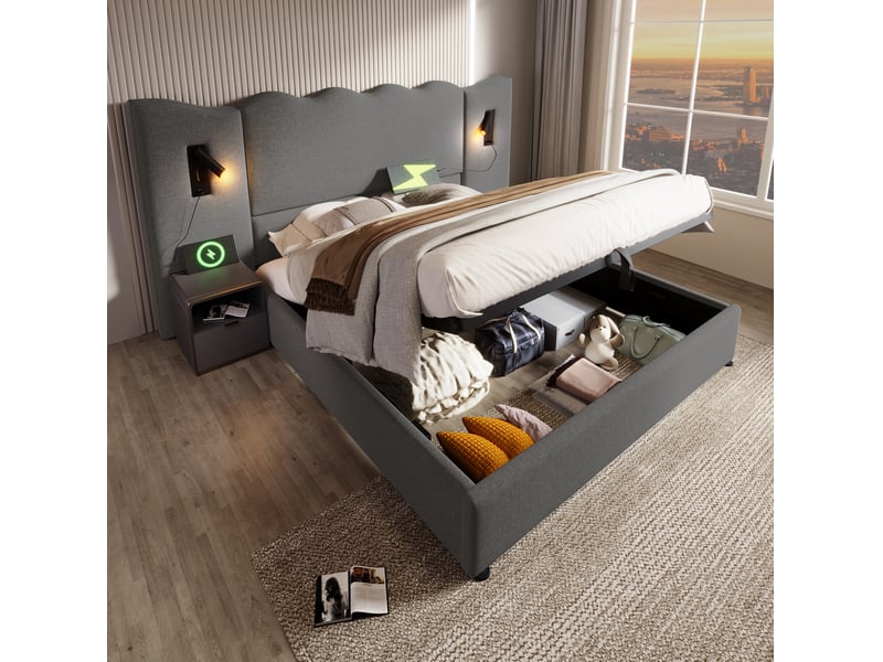  Lit coffre 160x200 cm gris avec lampe de lecture, usb et sommier à lattes  - Conforama D