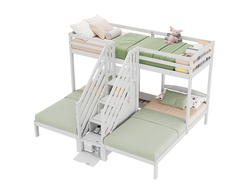  Lit superposé enfant 3 couchages 90x200 cm avec escalier de rangement blanc  - Conforama A
