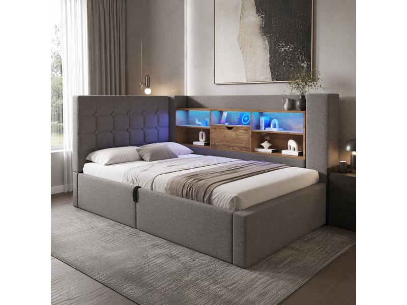  Lit coffre rembourré 90 x 200 cm avec matelas, éclairage à diodes, ports de charge, tissu en lin gris  - Conforama B