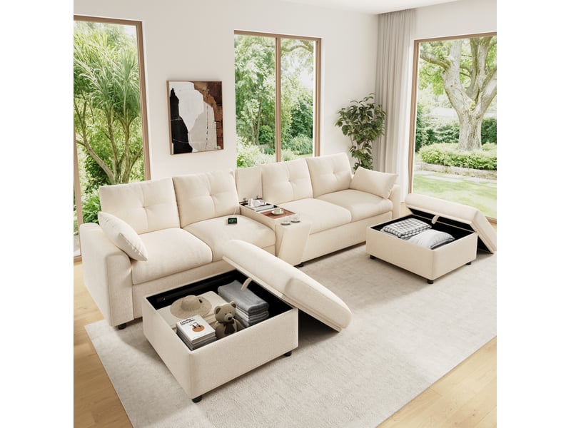 Canapé d’angle modulaire modenvie 6 places en u ou en l avec 2 poufs de rangement, console centrale, usb et type c, chenille beige, 316 x 140 x 84,5 cm - Conforama B