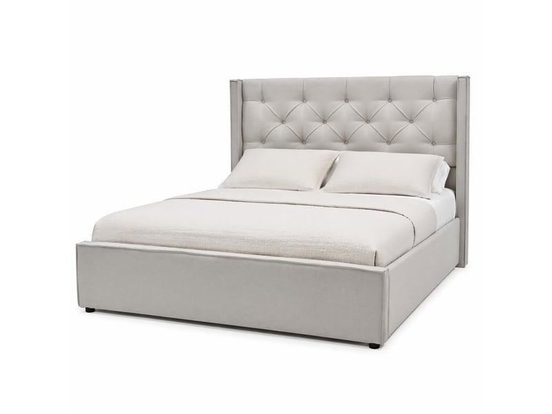  Lit coffre 140 × 200 cm 2 places avec rangement hydraulique et tête capitonnée, matelas inclus, gris clair  - Conforama A