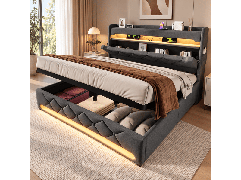  Lit coffre rembourré 140 x 190 cm, rangement hydraulique, tête de lit avec rangement, usbtype-c, led 360°, lin, gris Bliss Lite - Conforama B