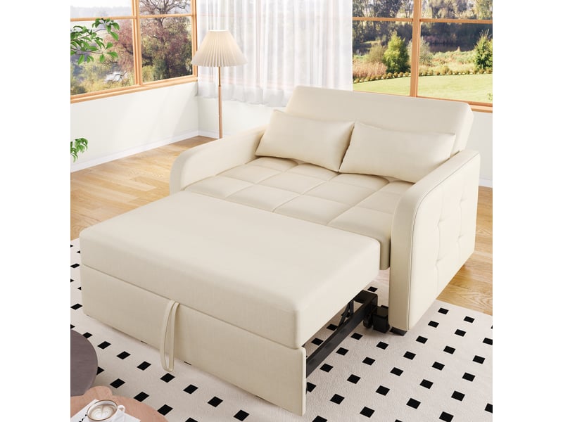 Canapé convertible 180 x 127 cm, couchage 110 x 180 cm, dossier réglable 3 positions, mousse haute densité, coton et lin, 2 coussins beige - Conforama D