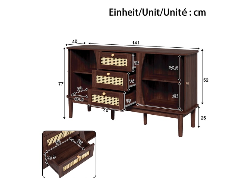  Buffet 141 x 40 x 77 cm – noyer foncé – 3 tiroirs en rotin, portes coulissantes et étagères réglables  - Conforama C