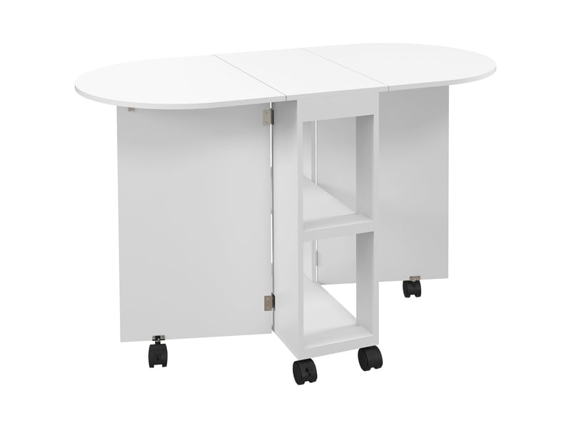  Table de salle à manger pliante à roulettes, table de cuisine avec rallonges rabattables et 2 étagères ouvertes, 120 x 60 x 77 cm, blanche  - Conforama A