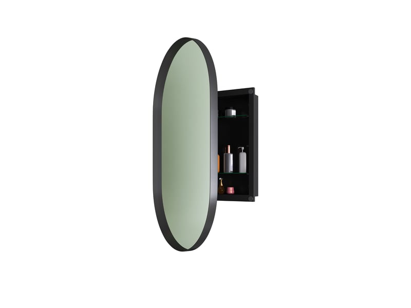 Armoire miroir murale ovale noire, cadre métal, étagères réglables, encastrable  - Conforama E