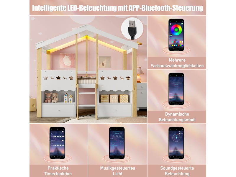  Lit mezzanine maison 90x200 cm avec led, 2 tiroirs, bois, blanc et naturel sans matelas  - Conforama E