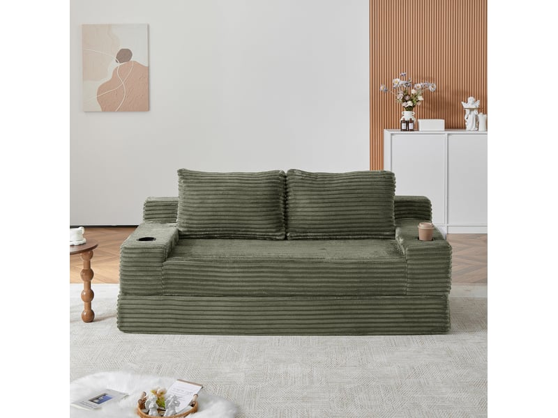  Canapé-lit 2 places convertible avec porte-gobelets et poches de rangement, velours côtelé vert sans matelas, 300 kg  - Conforama D