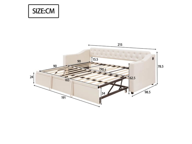  Canapé-lit 90x190 cm convertible en 180x190 cm avec usb, velours, beige, sans matelas  - Conforama C
