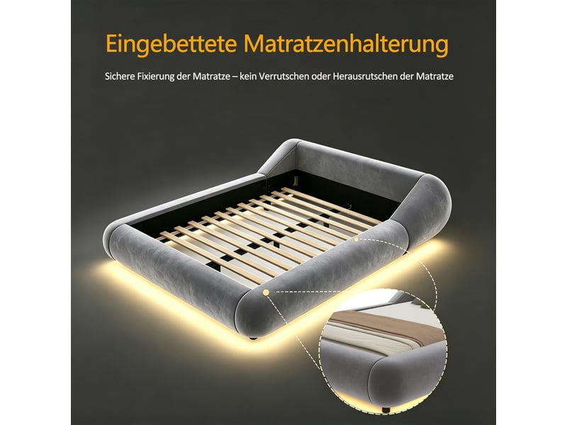  Lit double 140 × 200 cm, design flottant, tête de lit enveloppante, éclairage led, sommier à lattes, velours gris  - Conforama E