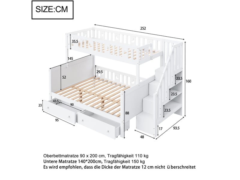  Lit superposé enfant 90x200 et 140x200 cm, avec échelle sécurisée, grands tiroirs, mdf et bois pin, blanc, sans matelas  - Conforama C