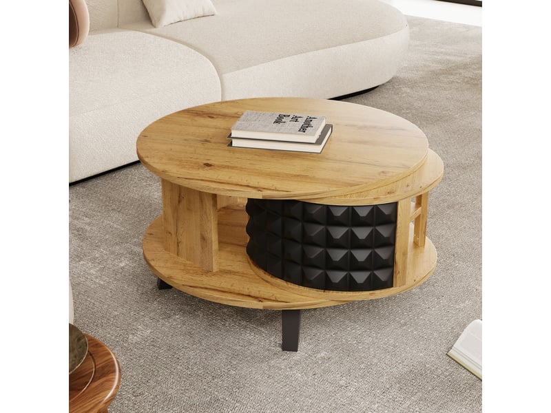  Table basse ronde ø 80 cm, table tournante avec rangement caché, aggloméré, bois et noir  - Conforama R