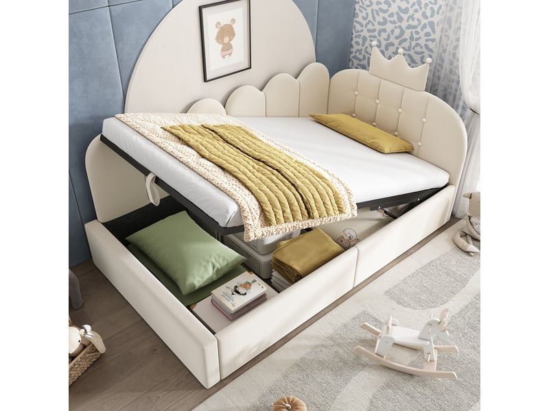 Canapé-lit rembourré 90 x 200 cm, avec espace de rangement, en l, orné d'un motif en treillis en forme de couronne, en velours, beige - Conforama D