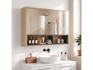 Armoire miroir de salle de bain - 3 portes, 3 étagères, 2 niches - dim. 80 x 20 x 60 cm - effet bois clair naturel gris
