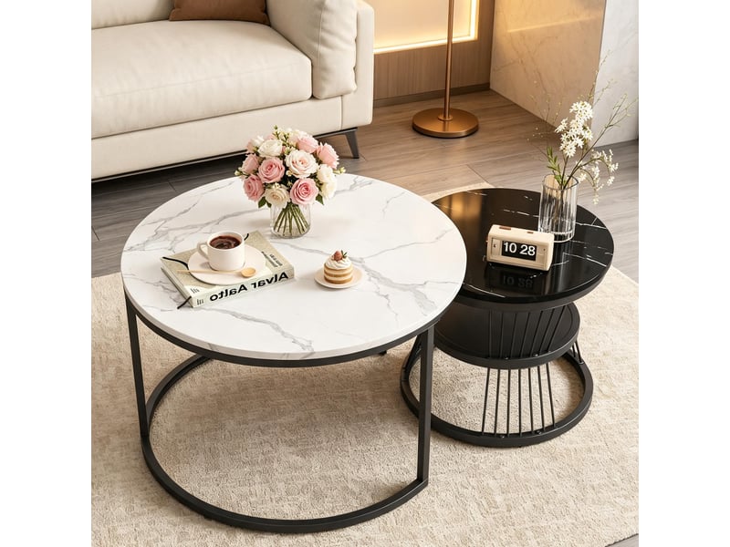  Tables basses – set de 2 tables basses gigognes – plateau marbre  –  cadre noir –  80+60 cm  - Conforama B