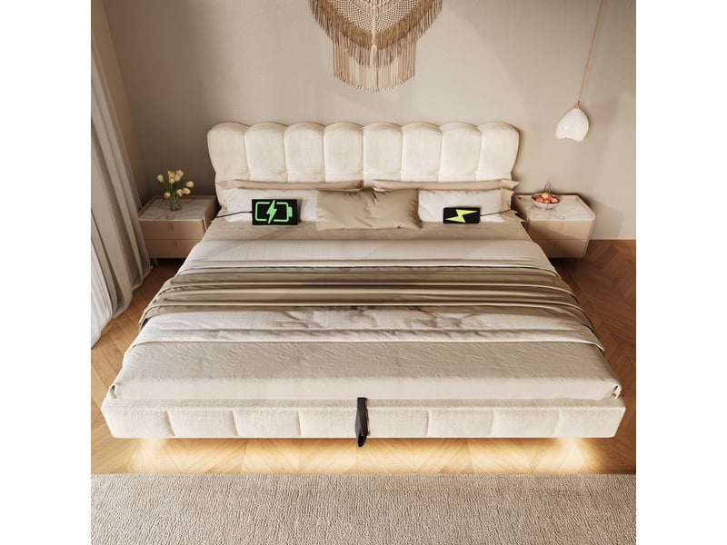  Lit double rembourré 180x200 cm - coffre hydraulique, design nuage, led, usb et type-c - chenille et bois - beige CozyNest - Conforama E