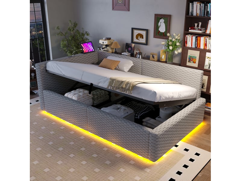  Modenvie lit coffre 90x200 cm - avec rangement, led et usb-c, sans matelas - gris  - Conforama E