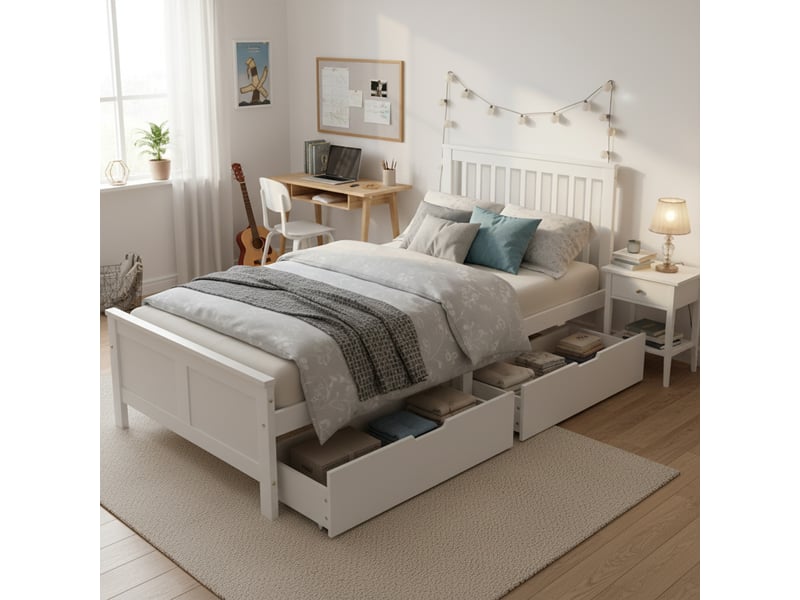  Lit simple 90x200cm avec tiroirs de rangement, cadre en pin blanc, lit en bois pour adolescents et adultes avec tiroirs de rangement  - Conforama E