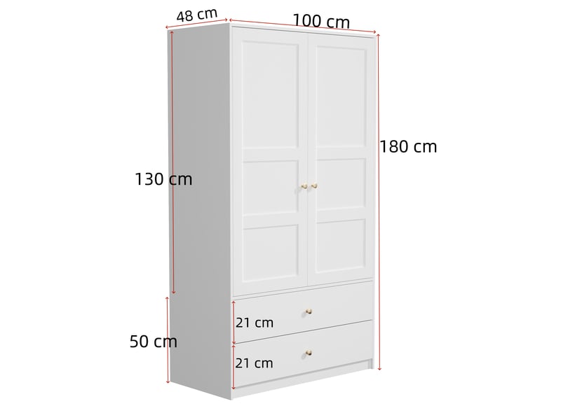  Armoire 100 x 48 x 180 cm avec 2 portes, 2 tiroirs et penderie, meuble de rangement moderne et fonctionnel pour chambre ou dressing - finition blanche OPULERANE TRADING LTD - Conforama C