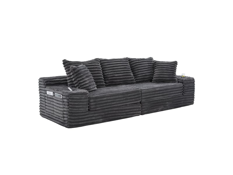  Canapé convertible 4 places en velours côtelé gris foncé, 273 x 98 x 87 cm, porte-gobelets, poches latérales, livré compressé, agencement modulable CARDUME ESTIVAL - Conforama A