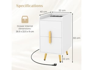 Table de chevet avec station de charge - table de chevet avec 2 ports usb et 3 prises - table d'appoint avec 2 tiroirs - 32 x 40 x 60 cm