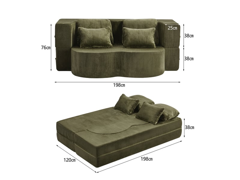  Canapé de sol convertible 2 places vert avec 4 coussins - 198 x 60 x 76 cm  - Conforama E
