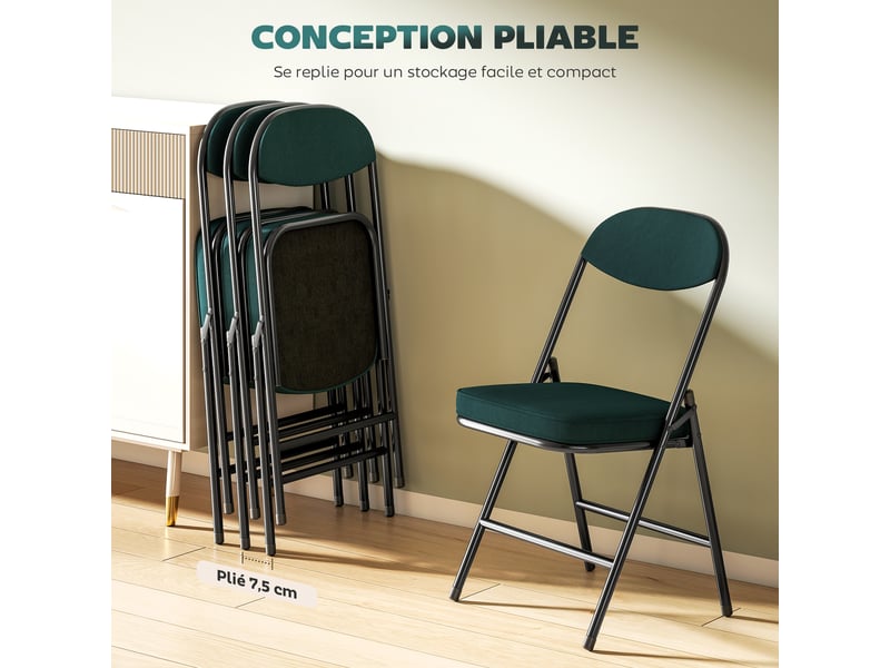  Lot de 4 chaises pliantes chaises de salle à manger portables avec assises et dossiers rembourrés en côtelé velours bleu  - Conforama E